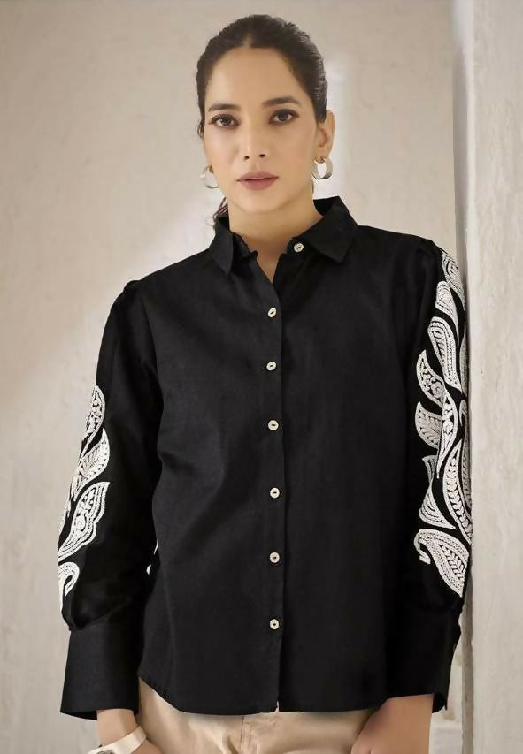 Teeya Creation Women Trendy Black Cotton Button-Down Top with White Contrast Embroidered Sleeves - Dista