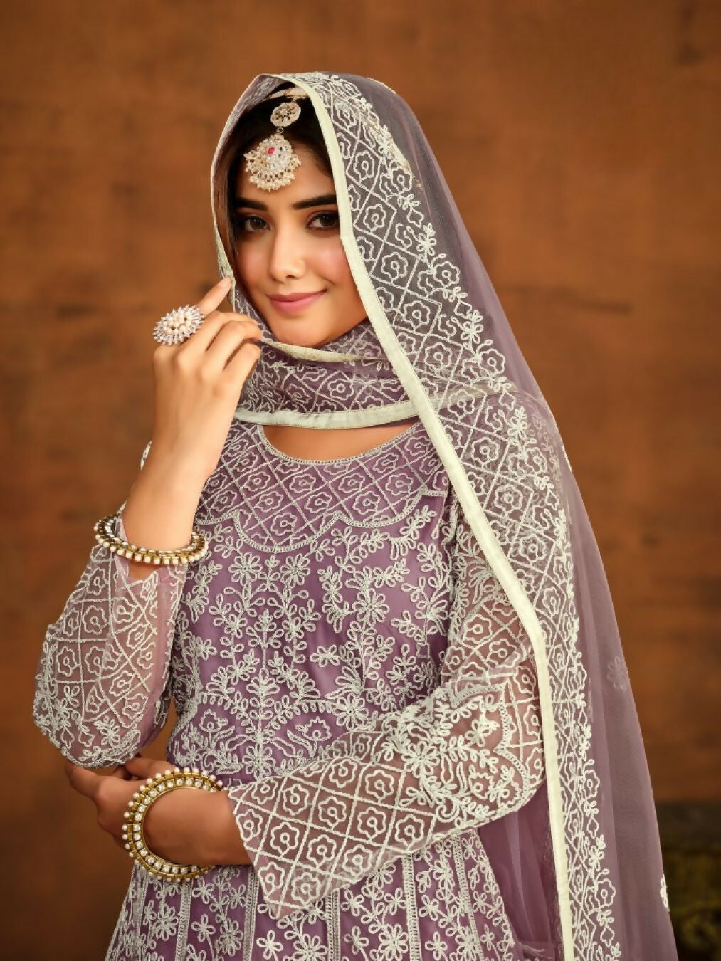 Anaita Lavender Embroidered Net Anarkali Suit - Distacart