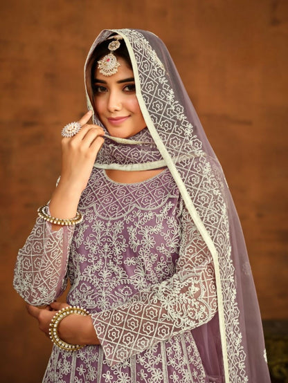 Anaita Lavender Embroidered Net Anarkali Suit - Distacart