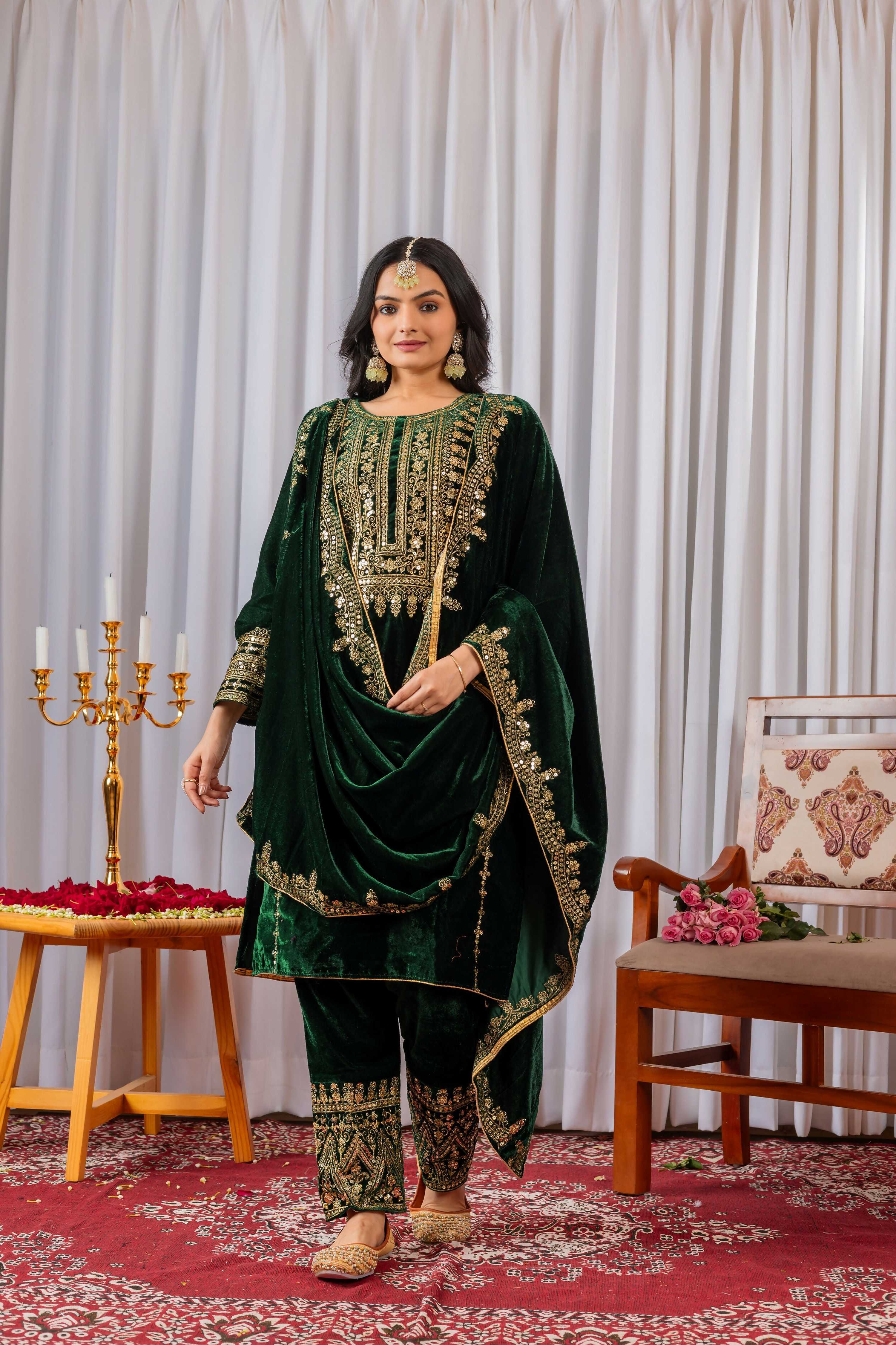 Teeya Creation Green Color Velvet Designer Embroidery Work party Wear Suit