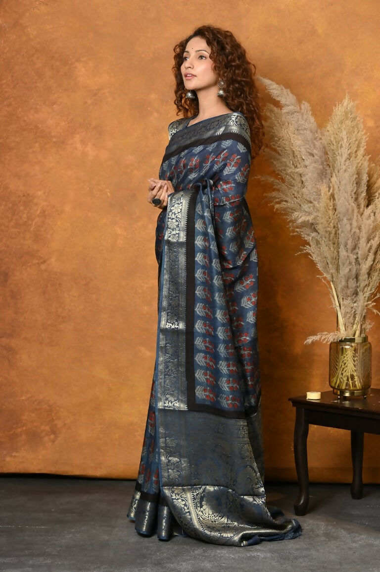 Very Much Indian Modal Silk Ajrakh Handblock Printed Natural Dyes With Designer Border Saree - Black - Distacart