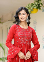 Thumbnail for Kaajh Women's Red Mirror Embroidered Cotton Ethnic Dress - Distacart