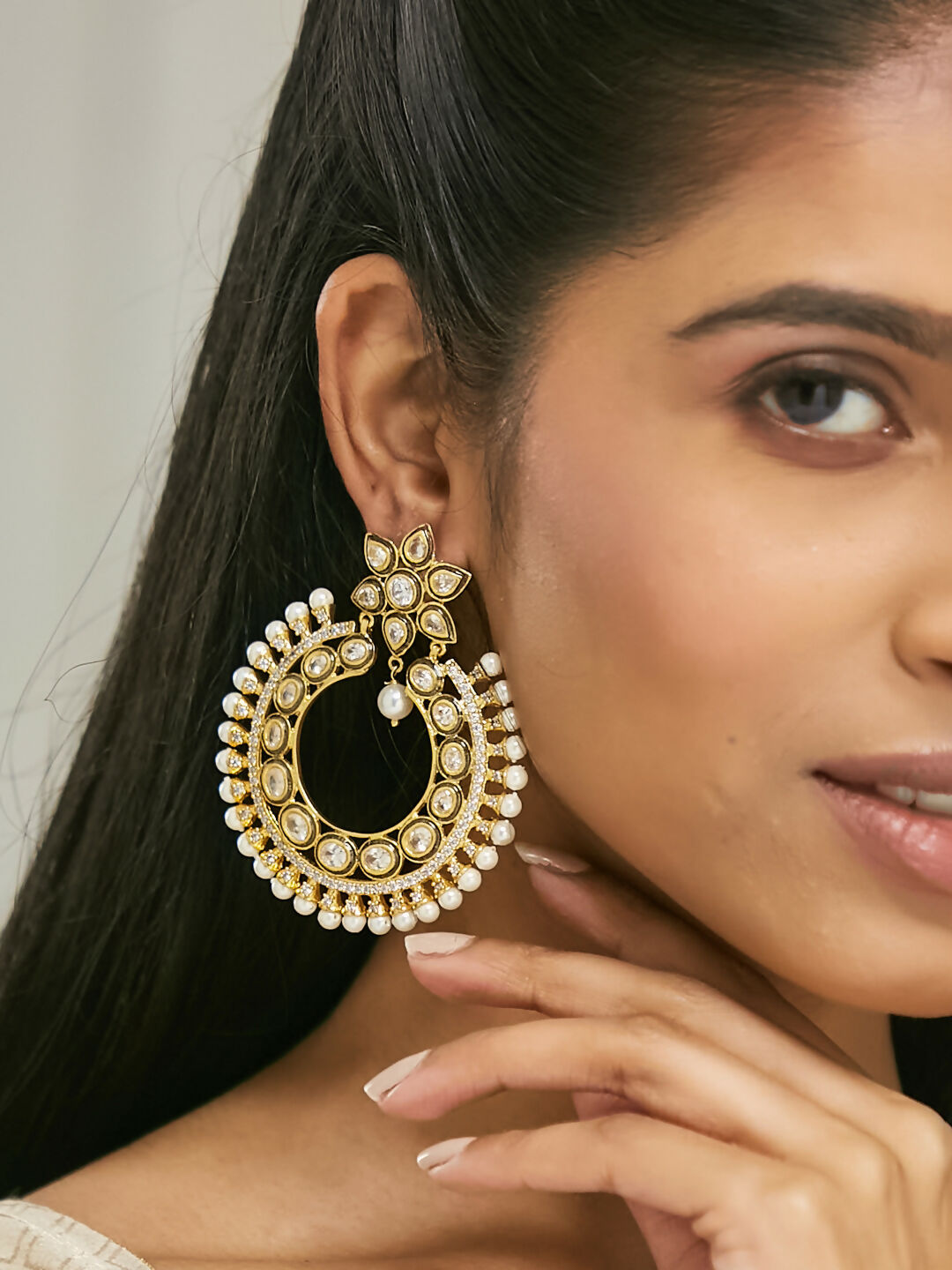 Nuyug 22K Gold-Plated Kundan Studded & Pearl Beaded Floral Chandbali Earrings