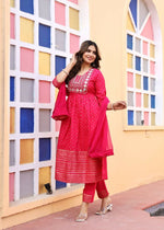 Thumbnail for Alvano Women's A-line Naira Cut Embroidery work Print Kurti with Pant and Dupatta set Rayon (Red) - Distacart