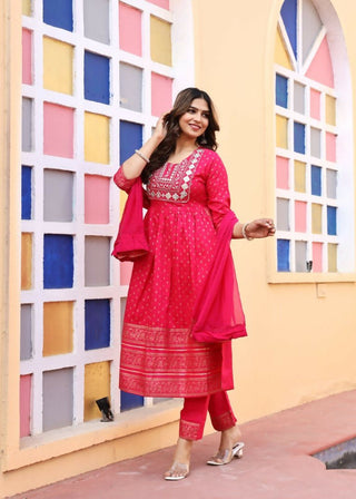 Alvano Women's A-line Naira Cut Embroidery work Print Kurti with Pant and Dupatta set Rayon (Red) - Distacart