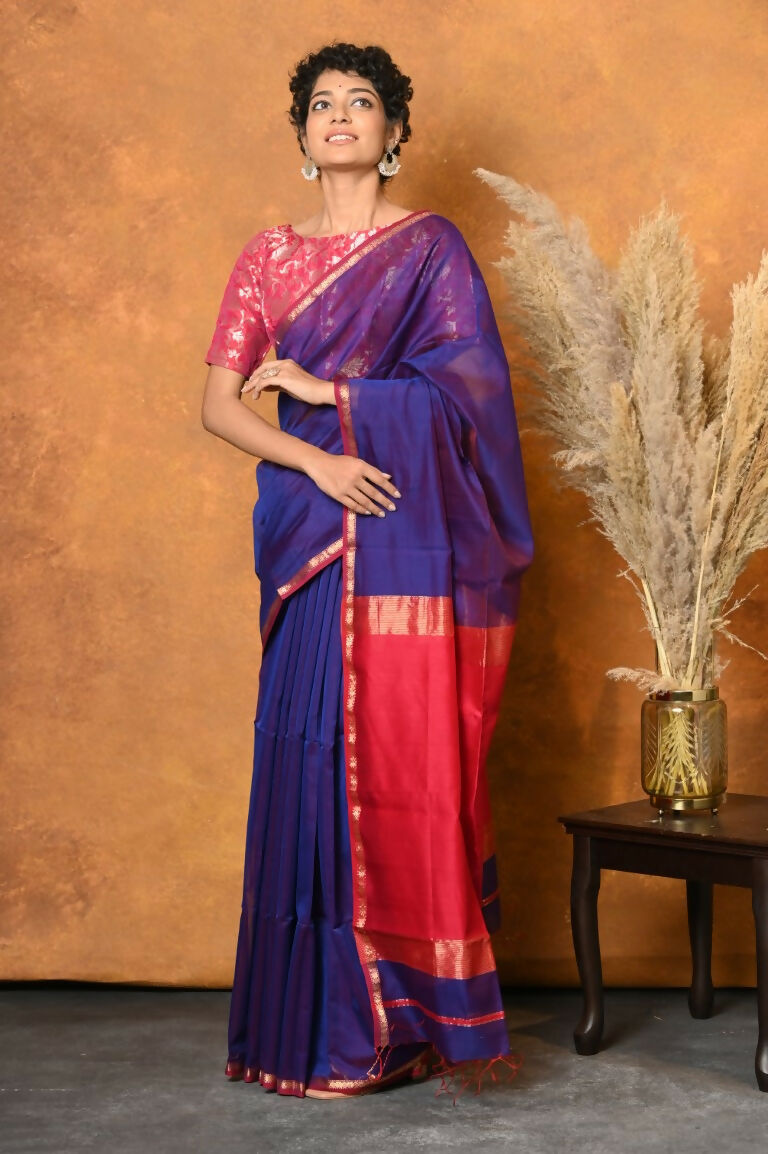 Very Much Indian Handloom Pure Cotton Silk Saree With Sleek Golden Border - Indigo Blue - Distacart