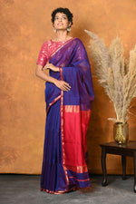 Thumbnail for Very Much Indian Handloom Pure Cotton Silk Saree With Sleek Golden Border - Indigo Blue - Distacart
