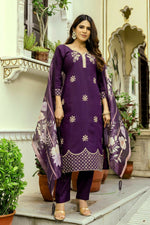 Thumbnail for The52 Wine Women's Beautiful Viscose Chanderi Fabric Thread Work Straight Kurta Pant and Dupatta Set - Distacart