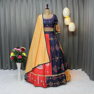 Preksha Creation Indian Festive Butter Soft Silk With Digital Print And Real Mirror Work Women Lehenga Choli - Red-Blue - Distacart