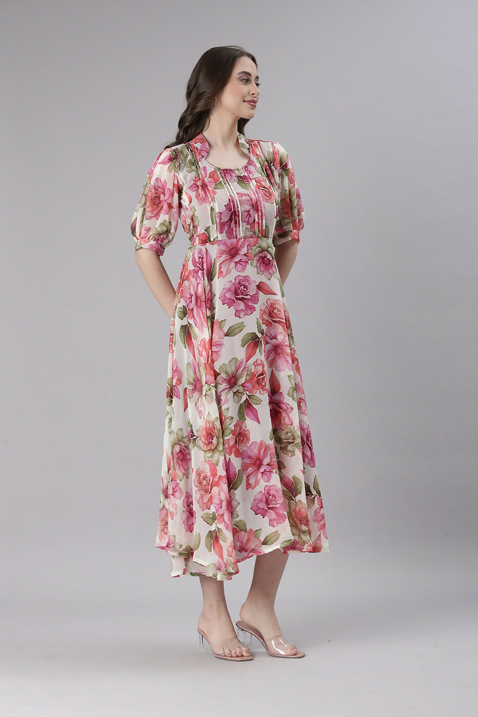 Souchii Cream Floral Chiffon Dress - Dista