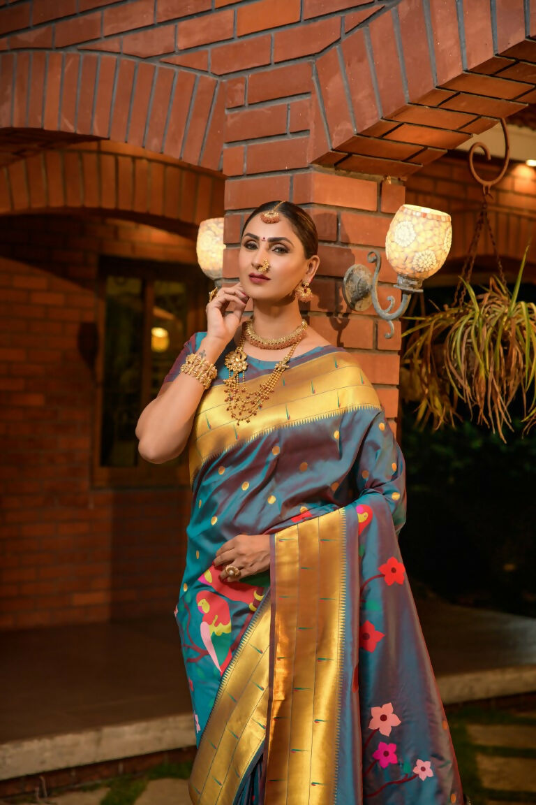 Jyoti Fashion Women's Teal Paithani Silk Zari Woven Saree with Blouse - Distacart