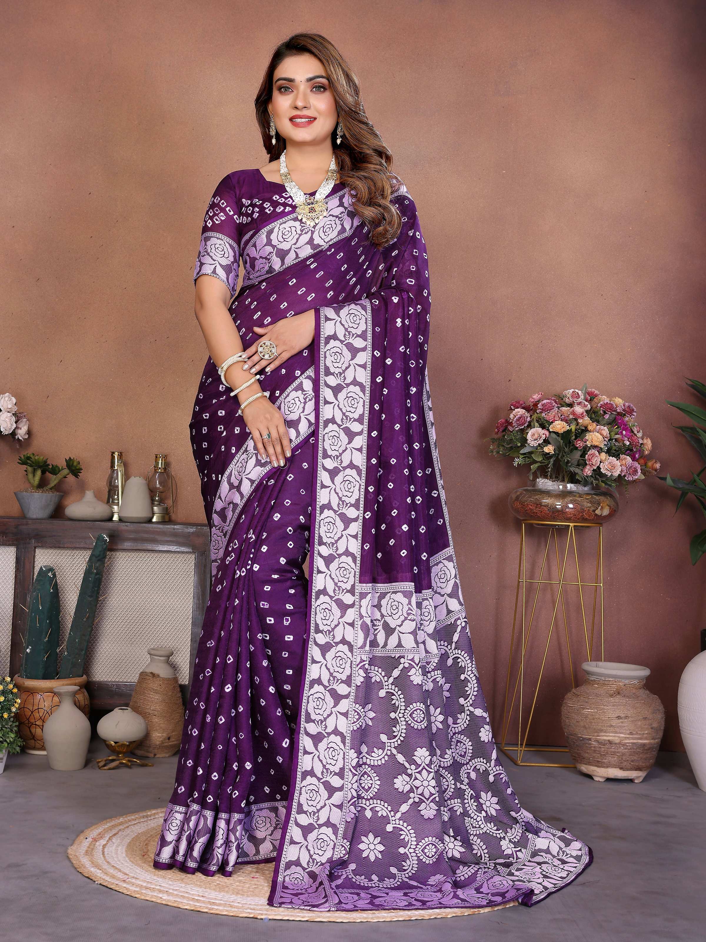 Aastha Fashion Purple Viscose Silk Handmade Original Bandhej Saree - Distacart