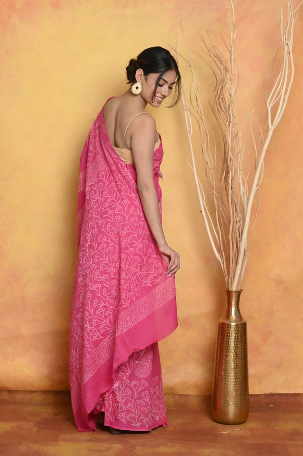 Very Much Indian Handblock Printed Cotton Saree With Natural Dyes - Pink - Distacart