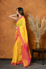 Thumbnail for Very Much Indian Handloom Pure Cotton Saree With Sleek Border - Yellow - Distacart