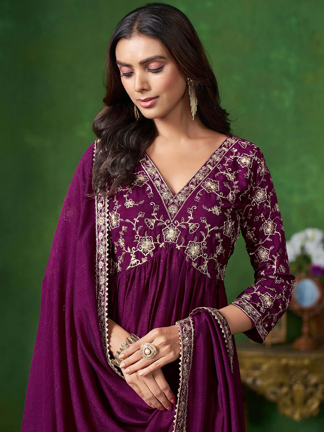 Sangria Floral Embroidered A-Line Kurta & Trousers With Dupatta