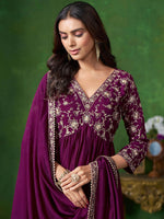 Thumbnail for Sangria Floral Embroidered A-Line Kurta & Trousers With Dupatta