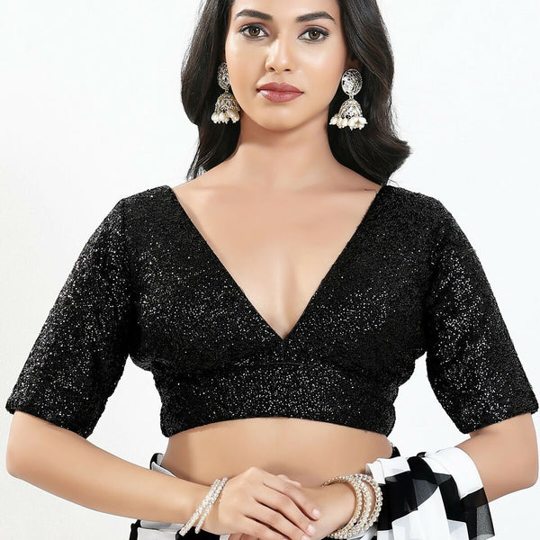 Joban Fashion Black Silk Padded Blouse With V Neck Elbow Sleeves - Distacart