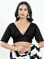 Thumbnail for Joban Fashion Black Silk Padded Blouse With V Neck Elbow Sleeves - Distacart