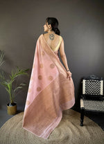 Thumbnail for Joban Fashion Peach Floral & Paisley Linen Silk Banarasi Saree - Distacart