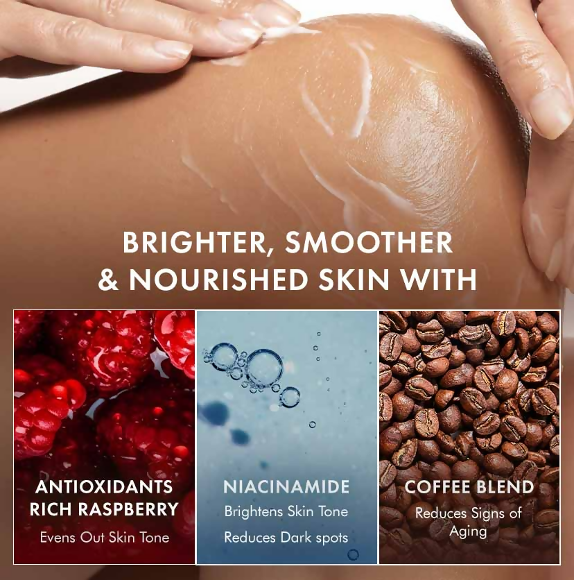 mCaffeine Brightening Raspberry Rush Serum Body Lotion SPF 50 PA+++
