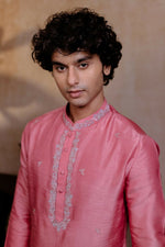 Thumbnail for Falling Raw Silk Pink Prism Motif Kurta Set By Hilo Design
