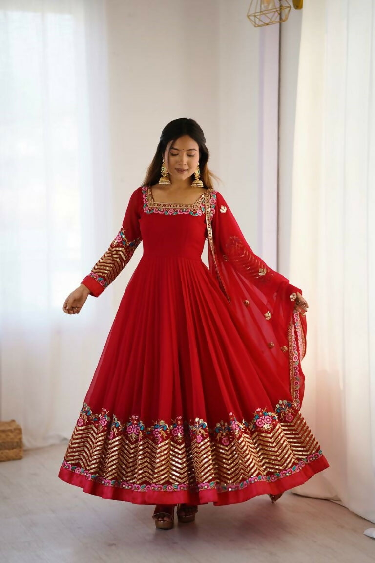 Teeya Creation Red Color Heavy Georgette Wedding Wear Embroidery Work Long Gown