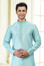 Thumbnail for Raivat Ethnic Jacquard Art Silk Thread Work Kurta Pajama In Sky Blue Colour - Distacart