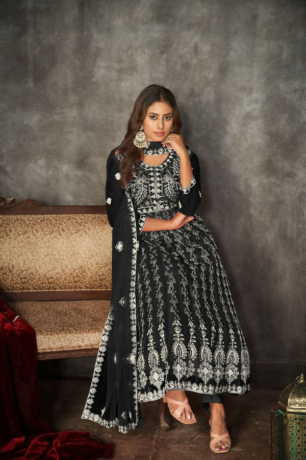 Jyoti Fashion Women's Black Net Embroidered Anarkali Kurta Pant Set With Dupatta - Distacart