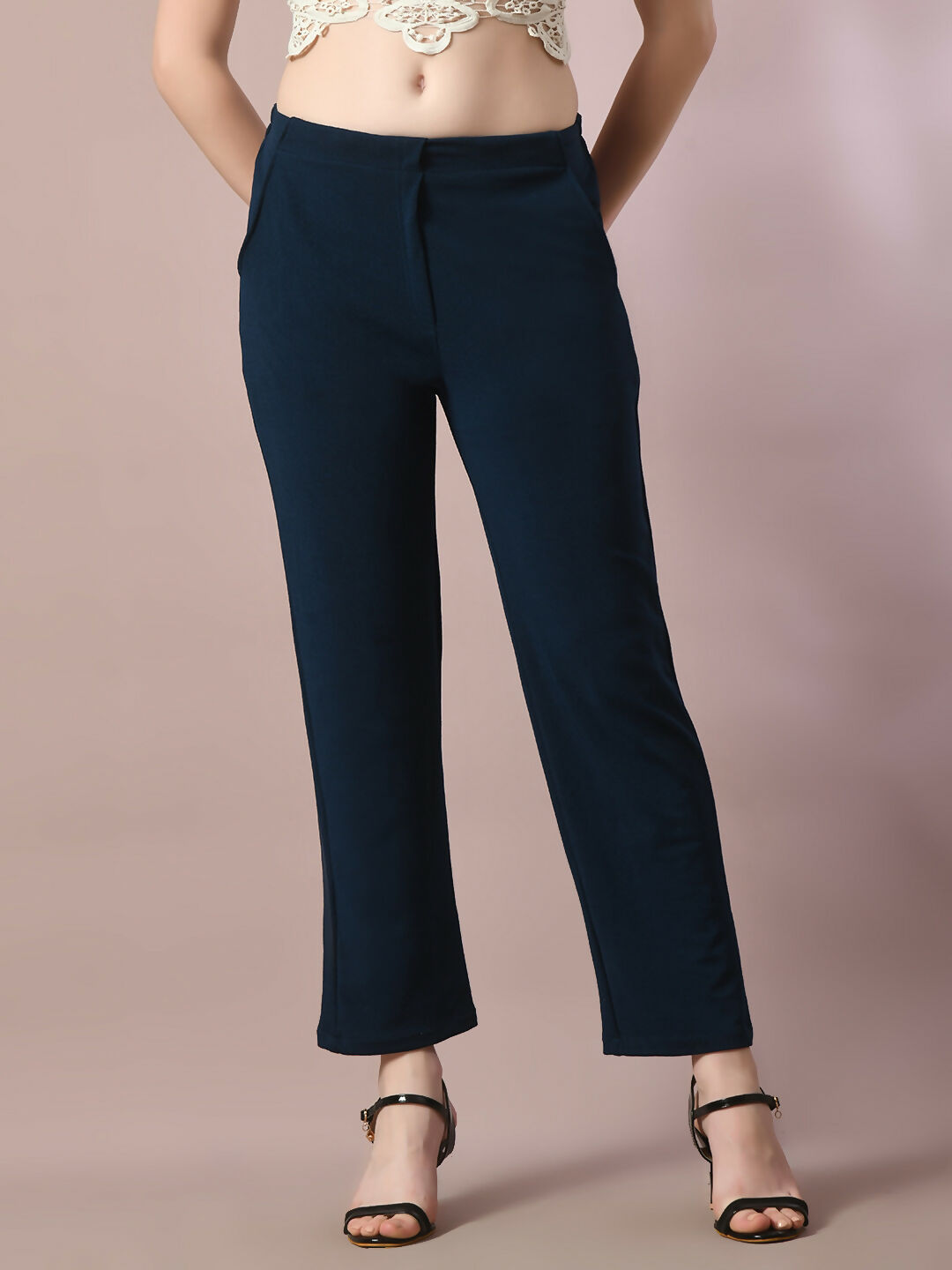 Myshka Women'sNavy Blue Solid Party straight Trousers - Distacart