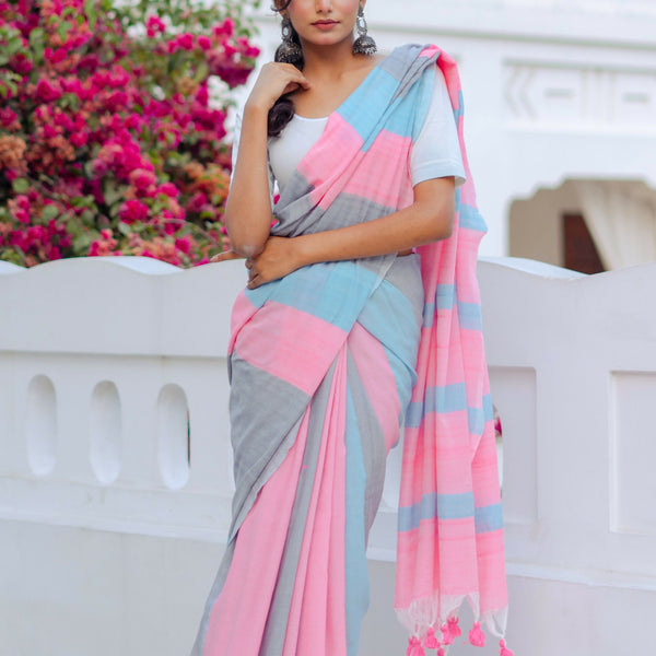Zibaa Hand-Dyed Mul Cotton Striped Saree with Tassels - Distacart
