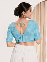 Thumbnail for Joban Fashion Light Blue Crochet Padded Blouse With V Neck Elbow Sleeves - Distacart