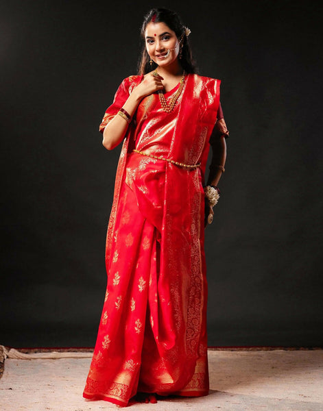 Joban Fashion Silk Banarasi Red & Golden Color Saree