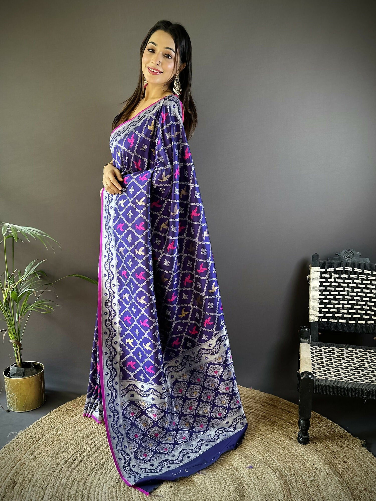 Joban Fashion Blue Jacquard Woven Pattern Lichi Soft Silk Banarasi Saree - Dista