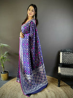 Thumbnail for Joban Fashion Blue Jacquard Woven Pattern Lichi Soft Silk Banarasi Saree - Dista