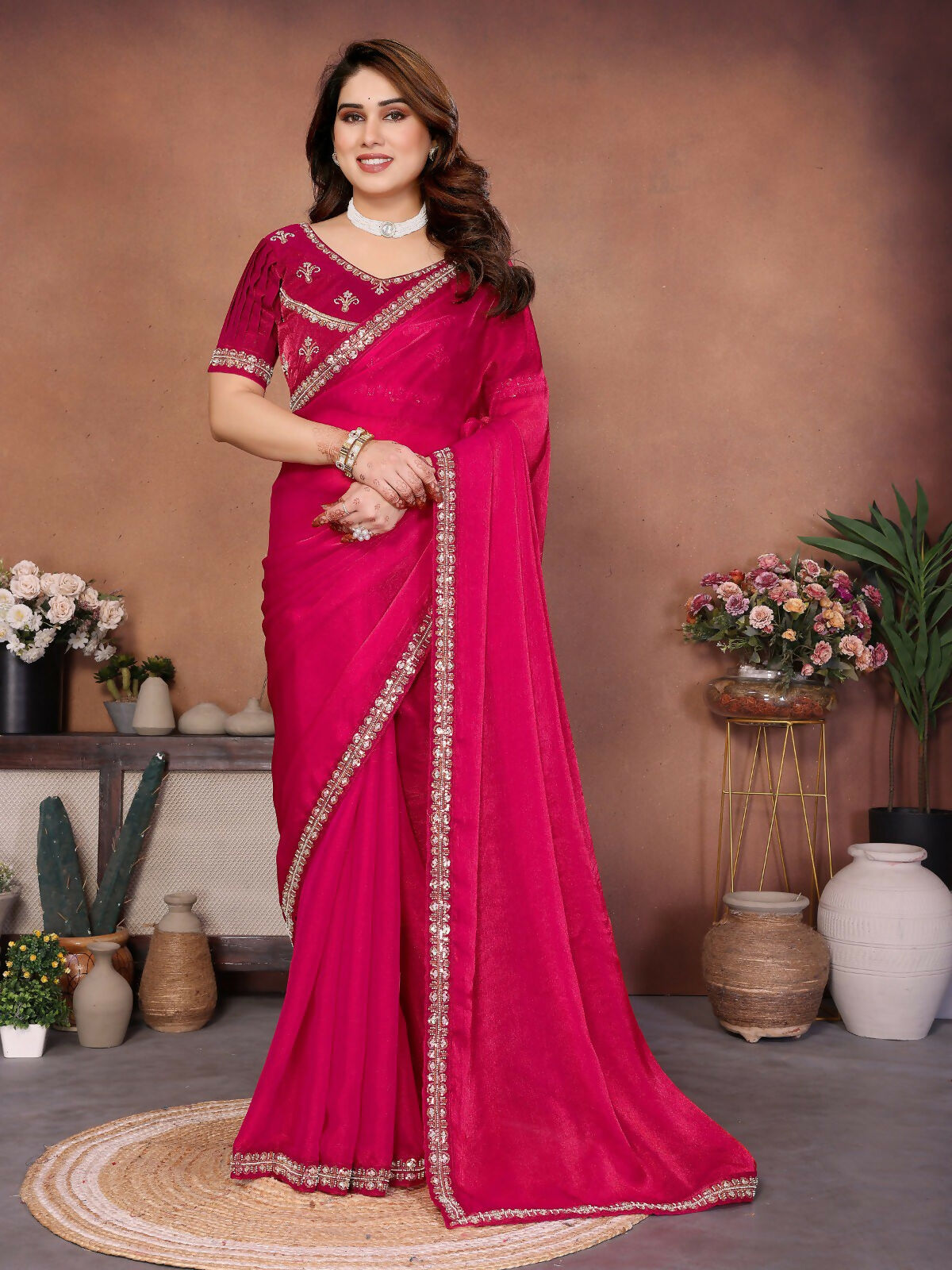 Teeya Creation Trendy Stylish Party Wear Fendy Chiffon Saree-Pink - Dista