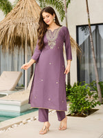 Thumbnail for The52 Women's Gorgeous Viscose Embroidery work Straight Kurta with Pant and Dupatta Set