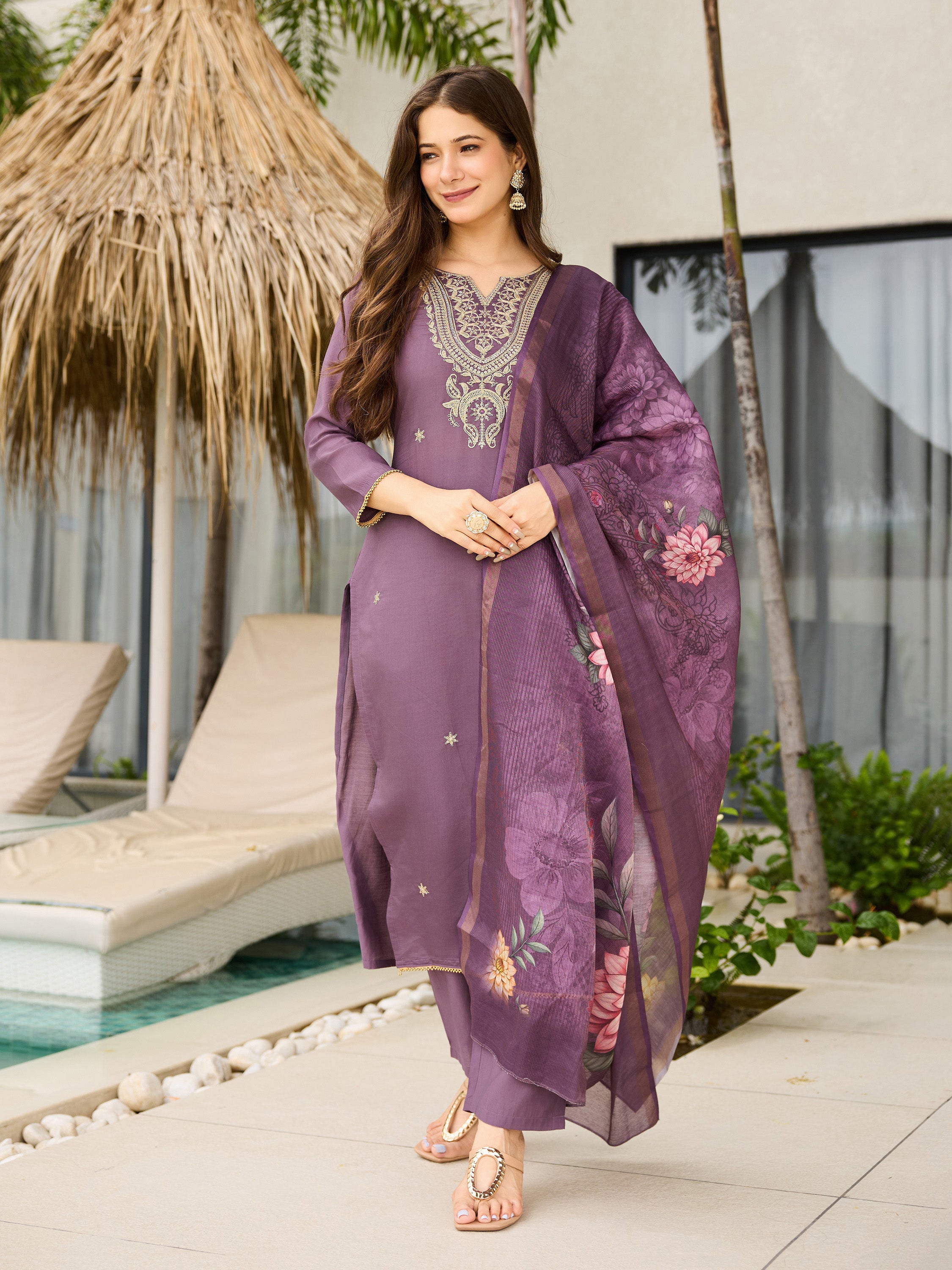 The52 Women's Gorgeous Viscose Embroidery work Straight Kurta with Pant and Dupatta Set