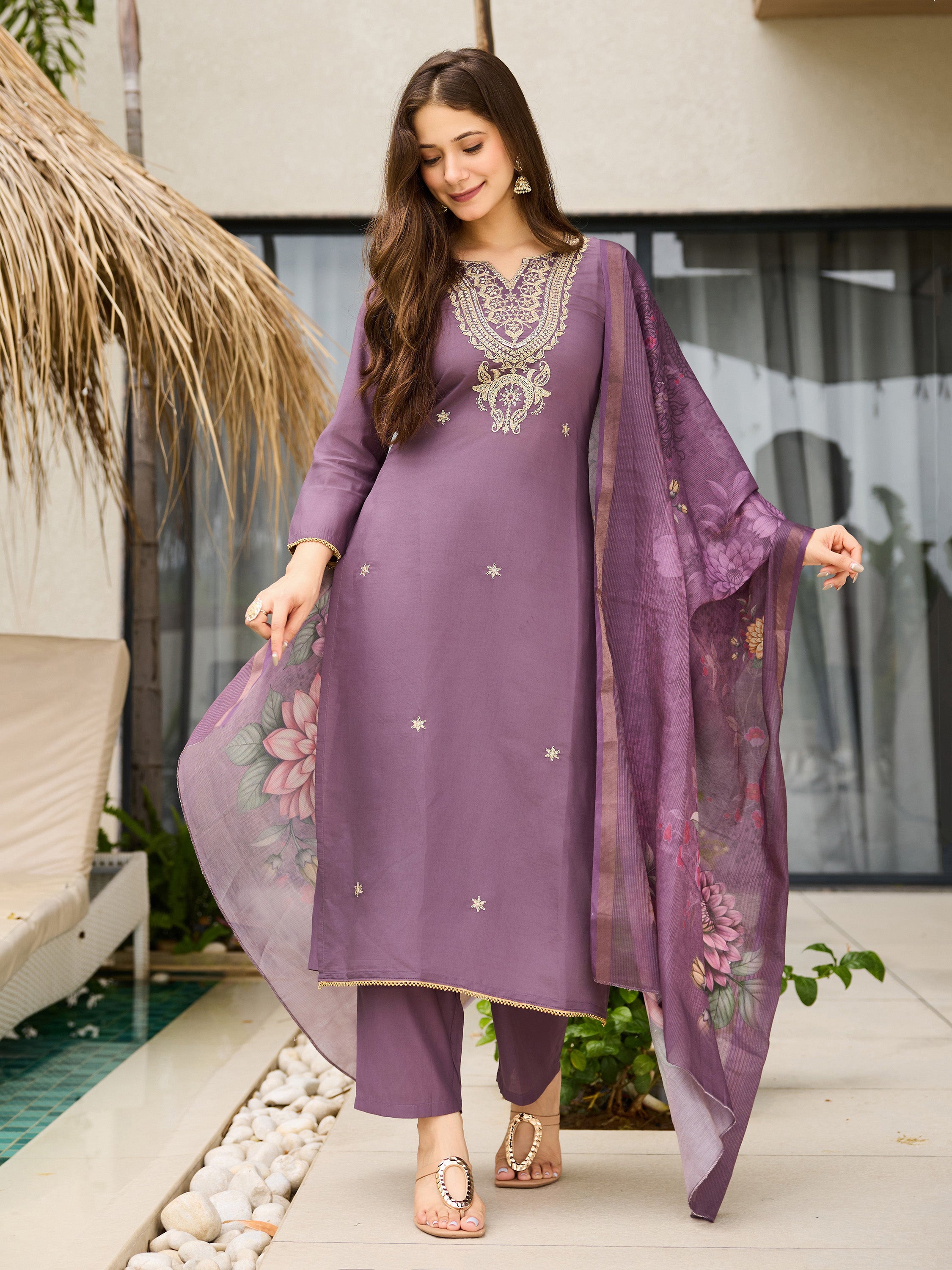 The52 Women's Gorgeous Viscose Embroidery work Straight Kurta with Pant and Dupatta Set