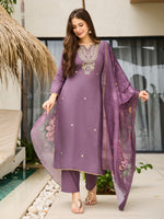 Thumbnail for The52 Women's Gorgeous Viscose Embroidery work Straight Kurta with Pant and Dupatta Set