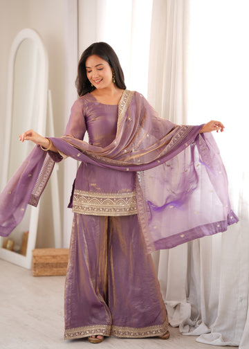 Lorenvalley Fashion Dusty Pink Fendi Silk with Embroidery Sequence Dori and Zari Work Kurta Palazzo with Dupatta - Dista