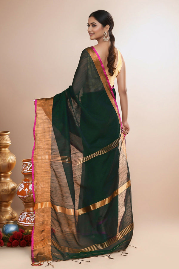 Joban Fashion Bottle Green Cotton Blend Handloom Saree