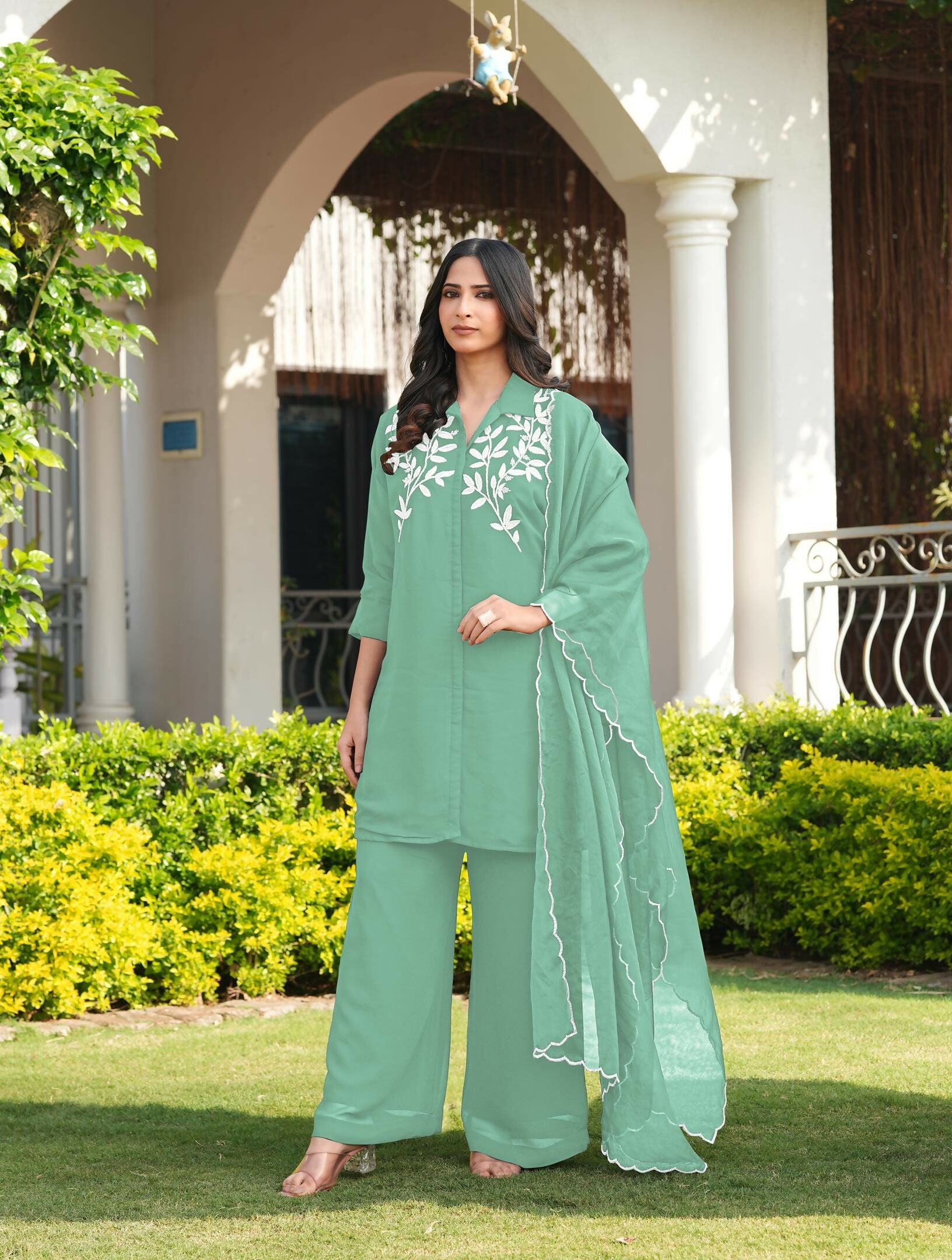 Nikhaar Light Green Embroidered Viscose Georgette Stitched Straight Cut Kurta Culottes Dupatta Readymade Suit - Dista
