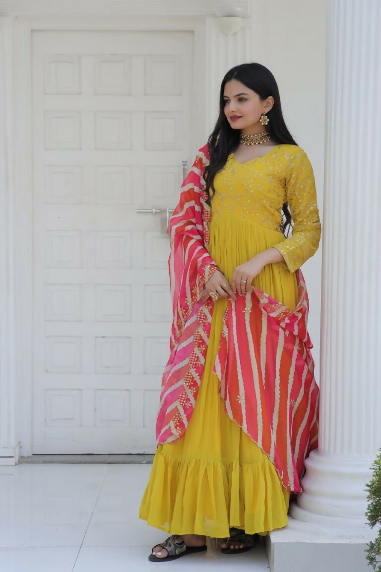 Aastha Fashion Women's Yellow Faux Georgette Sequins Embroidered Anarkali Dress with Dupatta - Distacart