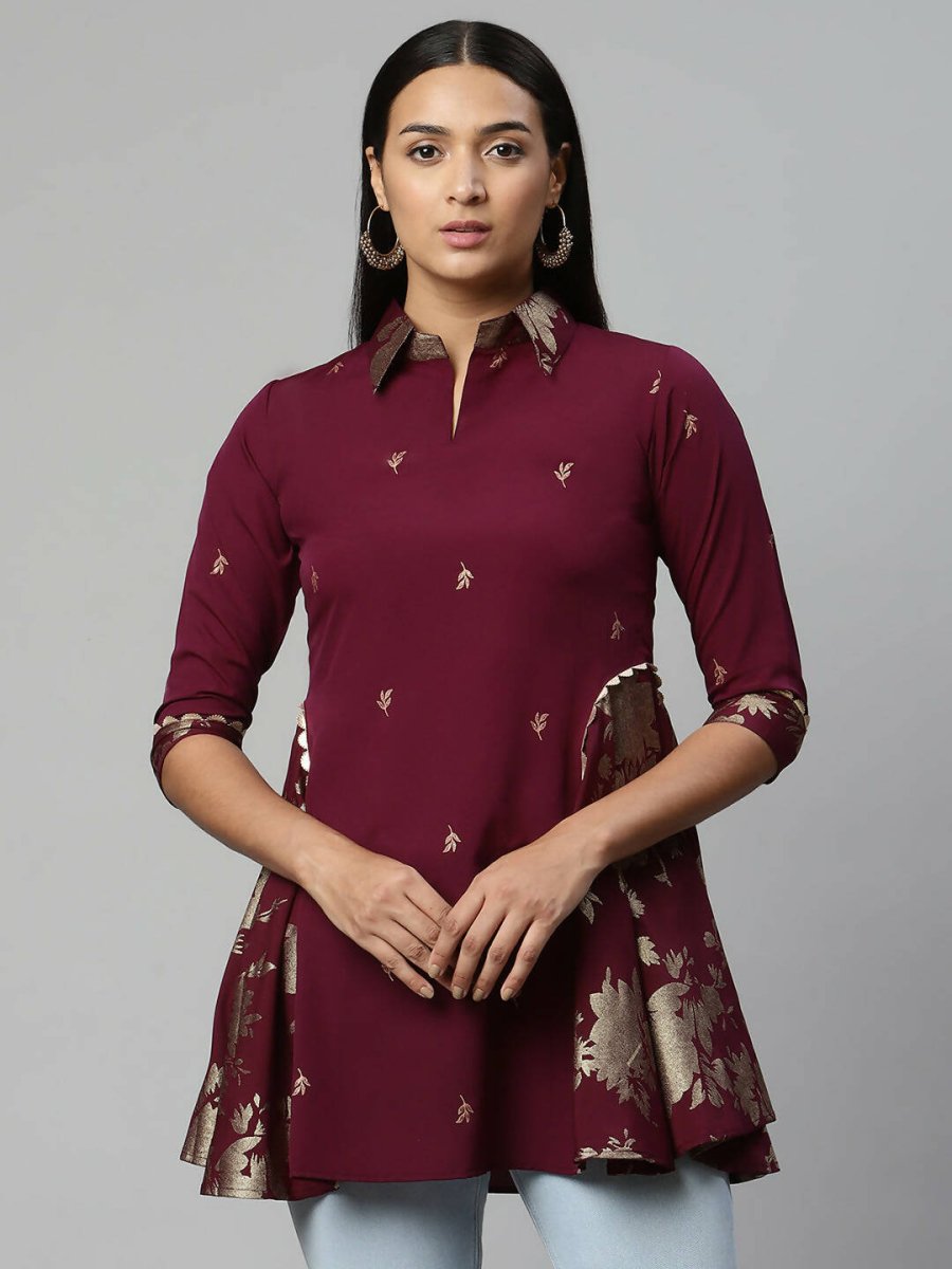 Ahalyaa Women Wine Crepe Printed Tunic - Distacart
