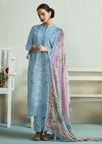 Thumbnail for Powder Blue Pure Muslin Resham Embroidered Salwar Suit - Emponline - Distacart