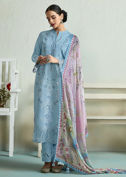 Powder Blue Pure Muslin Resham Embroidered Salwar Suit - Emponline - Distacart
