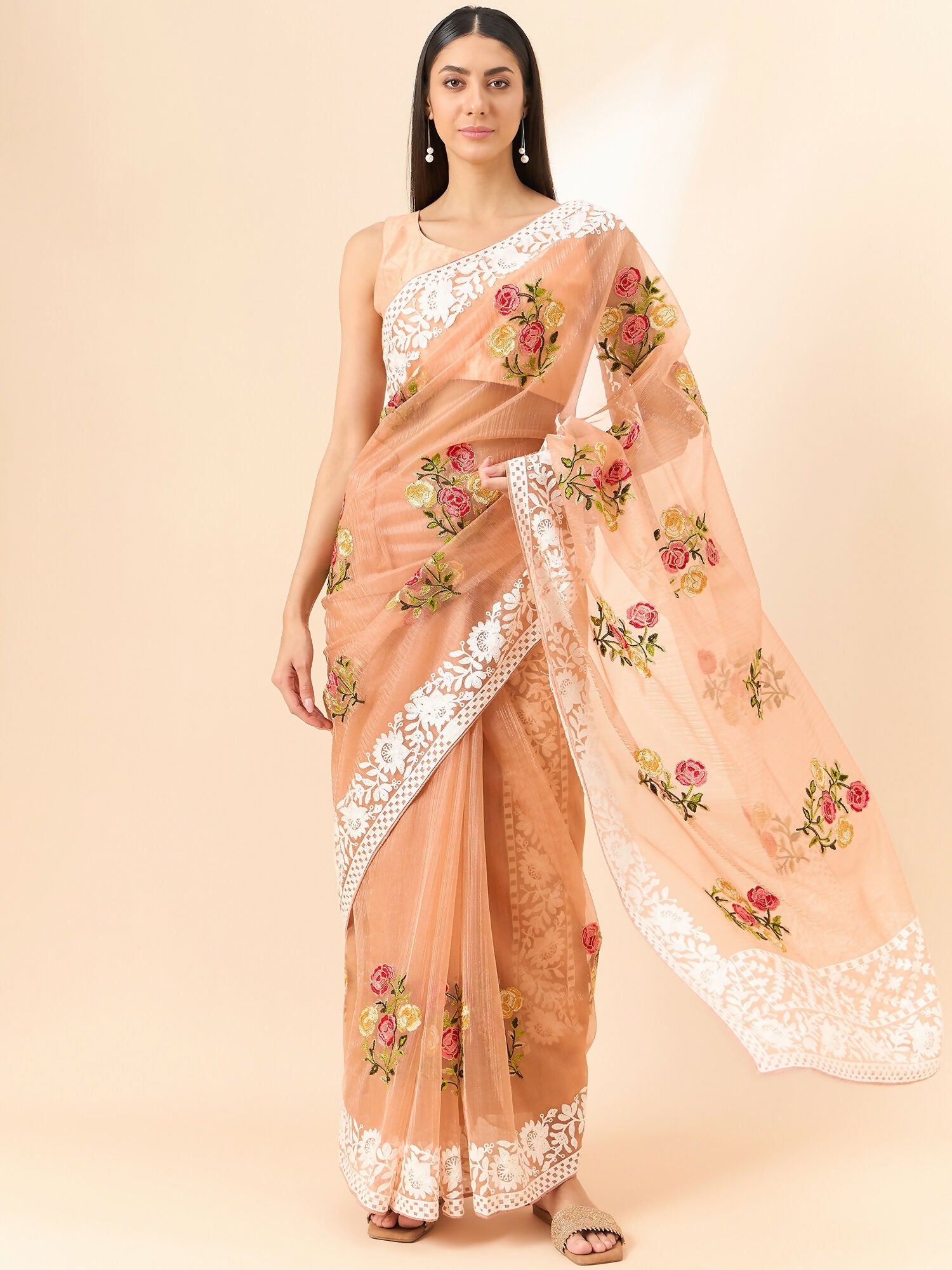 Peach Organza Floral Embroidered Saree with Unstitched Blouse Piece - Roozal - Distacart