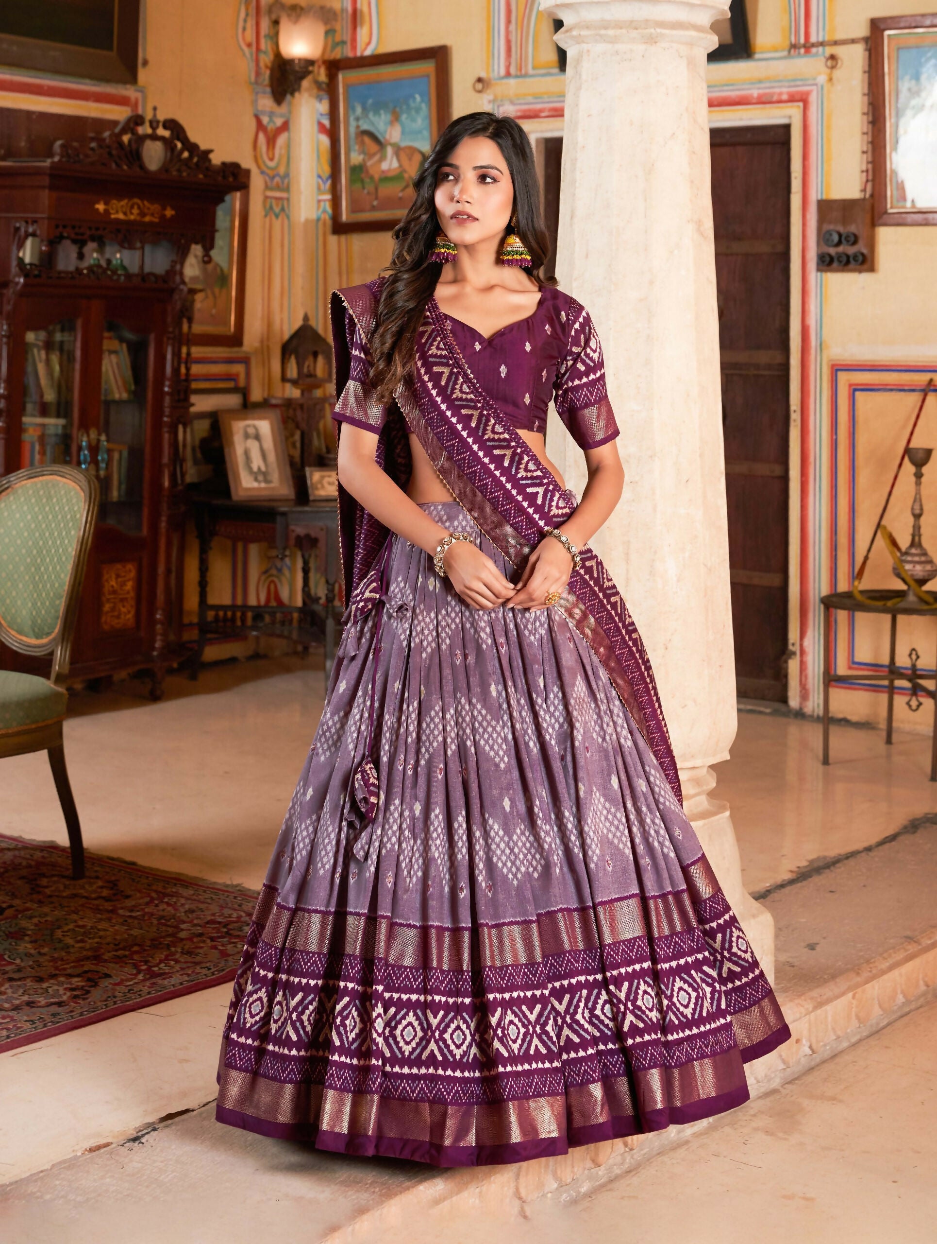 Vastranavya Occasionaly Tussar Silk Dot And Ikkat Print With Foil Work Lehenga Choli - Wine - Distacart