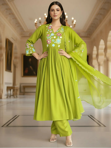 The52 Women's Beautiful Embroidery Work Viscose Silk Fabric Flared Kurta Pant and Dupatta Set-Liril - Dista
