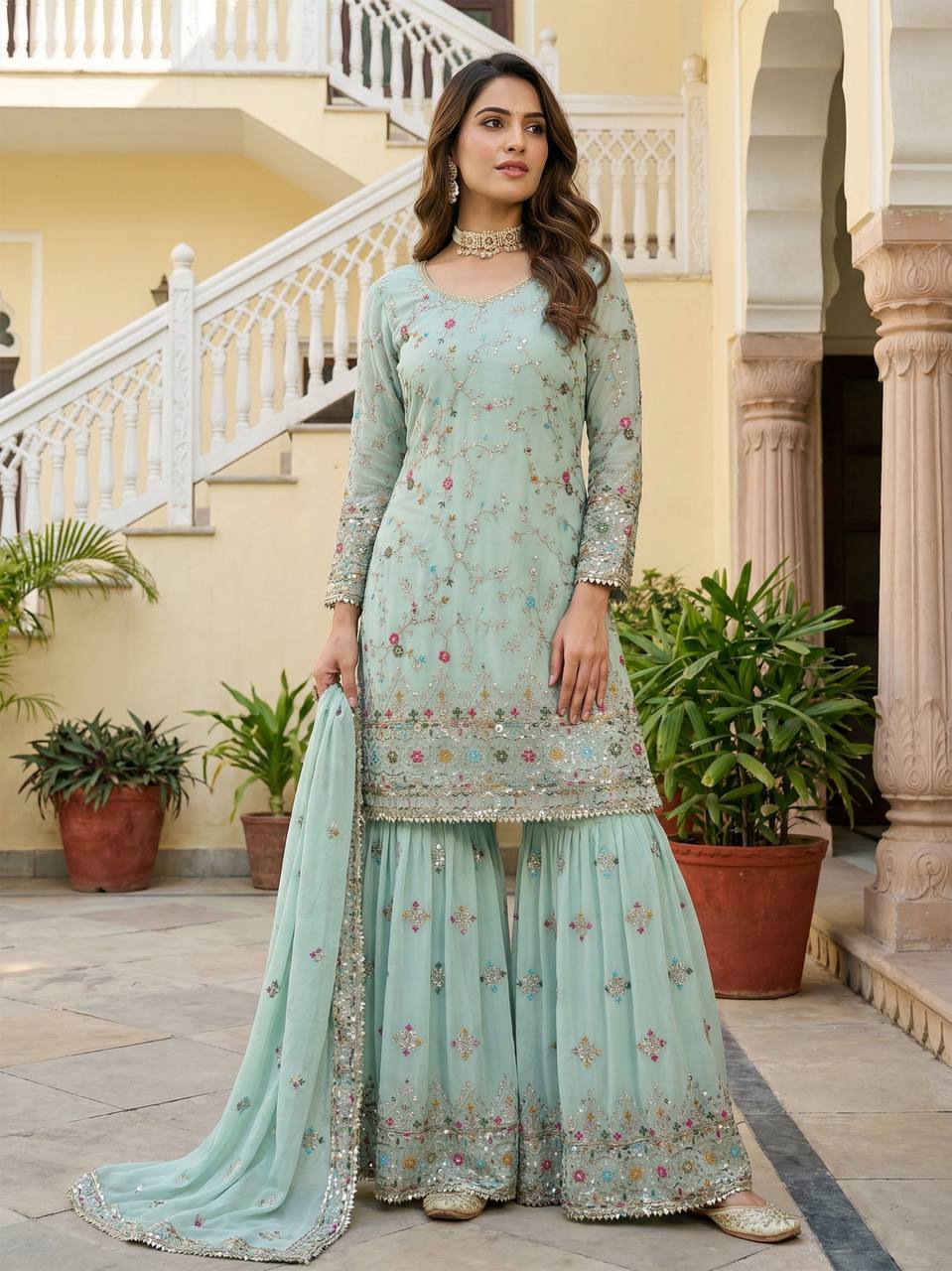 Lehenga Mart Stunning Sharara Set For Women-Mint Green - XL(42) Lehenga Mart Stunning Sharara Set For Women-Mint Green - XL(42)